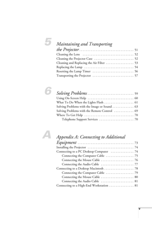 Page 5v
5Maintaining and Transporting 
the Projector
. . . . . . . . . . . . . . . . . . . . . . . . . . . . . . . . .  51
Cleaning the Lens    . . . . . . . . . . . . . . . . . . . . . . . . . . . . . . .  52
Cleaning the Projector Case   . . . . . . . . . . . . . . . . . . . . . . . .  52
Cleaning and Replacing the Air Filter  . . . . . . . . . . . . . . . . .  53
Replacing the Lamp   . . . . . . . . . . . . . . . . . . . . . . . . . . . . . .  54
Resetting the Lamp Timer   . . . . . . . . . . . . . . . . ....