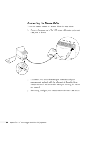 Page 8276Appendix A: Connecting to Additional Equipment
Connecting the Mouse Cable
To use the remote control as a mouse, follow the steps below.
1. Connect the square end of the USB mouse cable to the projector’s 
USB port, as shown. 
 
2. Disconnect your mouse from the port on the back of your 
computer and replace it with the other end of the cable. (Your 
computer’s mouse will be disabled while you are using the remote 
as a mouse.)
3. If necessary, configure your computer to work with a USB mouse....