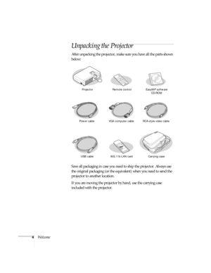 Page 104Welcome
Unpacking the Projector
After unpacking the projector, make sure you have all the parts shown 
below: 
Save all packaging in case you need to ship the projector. Always use 
the original packaging (or the equivalent) when you need to send the 
projector to another location.
If you are moving the projector by hand, use the carrying case 
included with the projector.
S-Video/Video Com
puterMenuA/V Mute
E-ZoomFreezeColor ModeP
o
w
e
r
ESC
AutoEnter
Projector Remote controlEasyMP software 
CD-ROM...