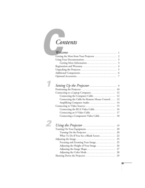 Page 3iii
Contents
Welcome . . . . . . . . . . . . . . . . . . . . . . . . . . . . . . . . . . . . .   1
Getting the Most from Your Projector . . . . . . . . . . . . . . . . .   2
Using Your Documentation . . . . . . . . . . . . . . . . . . . . . . . . .   3
Getting More Information . . . . . . . . . . . . . . . . . . . . . . .   3
Registration and Warranty . . . . . . . . . . . . . . . . . . . . . . . . . .   4
Unpacking the Projector . . . . . . . . . . . . . . . . . . . . . . . . . . . .   5
Additional...