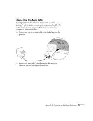 Page 85Appendix A: Connecting to Additional Equipment79
Connecting the Audio Cable
If your presentation includes sound and you want to use the 
projector’s built-in speaker, you can use a computer audio cable. The 
required cable (3.5-mm stereo miniplug cable) is available from 
computer or electronics dealers.
1. Connect one end of the audio cable to the 
Audio1 port on the 
projector.
   
2. Connect the other end of the audio cable to the speaker or 
audio out port on the computer’s sound card.  
