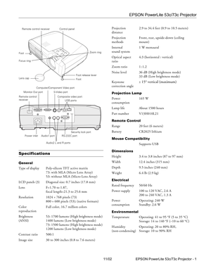 Page 1EPSON PowerLite 53c/73c Projector
11/02 EPSON PowerLite 53c/73c Projector - 1
Specifications
General
Type of display Poly-silicon TFT active matrix
73: with MLA (Micro Lens Array)
53: without MLA (Micro Lens Array)
LCD panels (3) Diagonal size: 0.7 inches (17.8 mm)
Lens F=1.70 to 1.87, 
focal length=21.3 to 25.6 mm
Resolution 1024 
× 768 pixels (73)
800 
× 600 pixels (53); (native formats)
Color  Full color, 16.7 million colors
reproduction
Brightness  53: 1700 lumens (High brightness mode)
(ANSI) 1400...