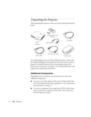 Page 1010Welcome
Unpacking the Projector
After unpacking the projector, make sure you have all the parts shown 
below: 
Save all packaging in case you need to ship the projector. Always use 
the original packaging (or the equivalent) when you need to send the 
projector to another location. If you are moving the projector by 
hand, use the carrying case. See page 11 for ordering information, and 
page 66 for transportation instructions. 
Additional Components
Depending on how you plan to use the projector, you...