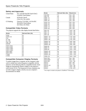 Page 2Epson PowerLite 740c Projector
2 - Epson PowerLite 740c Projector 8/04
Safety and Approvals
United States FCC 47CFR Part15B Class B (DoC)
UL60950 Third Edition
Canada ICES-003 Class B
CSA C22.2 No. 60950 
CE Marking Directive 73/23/EEC, 89/336/EEC
IEC60950 Third Edition
EN 55022, EN 55024
Compatible Video Formats
The projector supports the video display formats listed below:
Compatible Computer Display Formats
To project images from a computer, set the computer’s video 
card at a refresh rate (vertical...