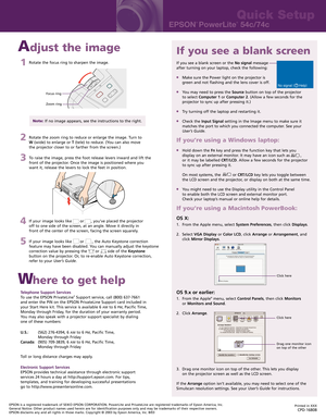 Page 21Rotate the focus ring to sharpen the image.
2Rotate the zoom ring to reduce or enlarge the image. Turn to
W(wide) to enlarge or T(tele) to reduce. (You can also move
the projector closer to or farther from the screen.)
3To raise the image, press the foot release levers inward and lift the
front of the projector. Once the image is positioned where you
want it, release the levers to lock the feet in position.
4If your image looks like       or      , you’ve placed the projector
off to one side of the...