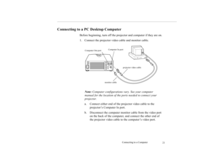 Page 30Connecting to a Computer
21
Connecting to a PC Desktop Computer
 
Before beginning, turn off the projector and computer if they are on.
1. Connect the projector video cable and monitor cable.
Note: Computer configurations vary. See your computer 
manual for the location of the ports needed to connect your 
projector.
a. Connect either end of the projector video cable to the 
projector’s Computer In port.
b. Disconnect the computer monitor cable from the video port 
on the back of the computer, and...