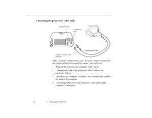 Page 321    Setting Up the Projector             24
Connecting the projector’s video cable
Note: Computer configurations vary. See your computer manual for 
the location of the ports needed to connect your projector.
1. Turn off the projector and computer, if they’re on.
2. Connect either end of the projector’s video cable to the 
Computer In port.
3. Disconnect the computer’s monitor cable from the video port on 
the back of the computer.
4. Connect the other end of the projector’s video cable to the...