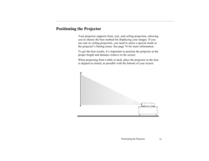 Page 62Positioning the Projector
51
Positioning the Projector
Your projector supports front, rear, and ceiling projection, allowing 
you to choose the best method for displaying your images. If you 
use rear or ceiling projection, you need to select a special mode in 
the projector’s Setting menu. See page 76 for more information. 
To get the best results, it’s important to position the projector at the 
proper height and distance relative to the screen.
When projecting from a table or desk, place the projector...