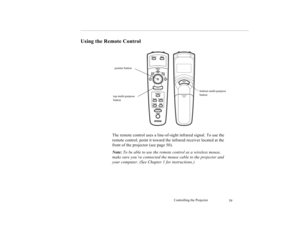 Page 70Controlling the Projector
59
Using the Remote Control 
The remote control uses a line-of-sight infrared signal. To use the 
remote control, point it toward the infrared receiver located at the 
front of the projector (see page 50). 
Note: To be able to use the remote control as a wireless mouse, 
make sure you’ve connected the mouse cable to the projector and 
your computer. (See Chapter 1 for instructions.)pointer button
top multi-purpose 
buttonbottom multi-purpose 
button 