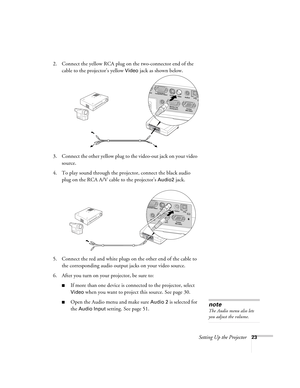 Page 23Setting Up the Projector23
2. Connect the yellow RCA plug on the two-connector end of the 
cable to the projector’s yellow 
Video jack as shown below.
3. Connect the other yellow plug to the video-out jack on your video 
source.
4. To play sound through the projector, connect the black audio 
plug on the RCA A/V cable to the projector’s 
Audio2 jack.
5. Connect the red and white plugs on the other end of the cable to 
the corresponding audio output jacks on your video source.
6. After you turn on your...