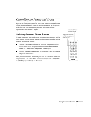 Page 41Using the Remote Control41
Controlling the Picture and Sound
You can use the remote control to select your source, temporarily turn 
off the picture and sound, freeze the action, or zoom in on the picture. 
Make sure you have set up your projector and connected any 
equipment as described in Chapter 1.
Switching Between Picture Sources
If you’ve connected your projector to more than one computer and/or 
video source, you can use the buttons on the remote control to switch 
between the different sources....