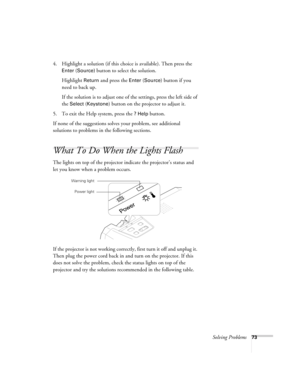 Page 73Solving Problems73
4. Highlight a solution (if this choice is available). Then press the 
Enter (Source) button to select the solution. 
Highlight 
Return and press the Enter (Source) button if you 
need to back up.
If the solution is to adjust one of the settings, press the left side of 
the 
Select (Keystone) button on the projector to adjust it.
5. To exit the Help system, press the 
? Help button.
If none of the suggestions solves your problem, see additional 
solutions to problems in the following...