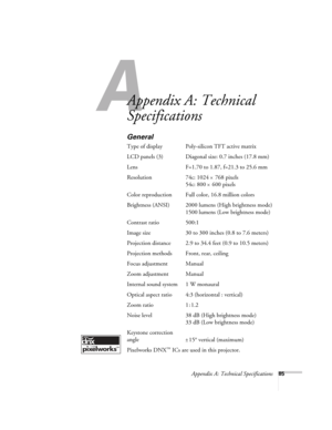 Page 85Appendix A: Technical Specifications85
A
Appendix A: Technical 
Specifications
General
Type of display Poly-silicon TFT active matrix
LCD panels (3) Diagonal size: 0.7 inches (17.8 mm)
Lens F=1.70 to 1.87, f=21.3 to 25.6 mm
Resolution 74c: 1024 
× 768 pixels 
54c: 800 
× 600 pixels 
Color reproduction Full color, 16.8 million colors
Brightness (ANSI) 2000 lumens (High brightness mode)
1500 lumens (Low brightness mode)
Contrast ratio 500:1
Image size 30 to 300 inches (0.8 to 7.6 meters)
Projection...