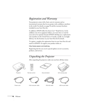 Page 1010Welcome
Registration and Warranty
Your projector comes with a basic carry-in warranty and an 
international warranty that let you project with confidence anywhere 
in the world. For details, see page 96 and the warranty brochure 
included in your Start Here kit.
In addition, EPSON offers free Extra Care
SM Road Service. In the 
unlikely event of an equipment failure, you won’t have to wait for 
your unit to be repaired. Instead, EPSON will ship you a replacement 
unit anywhere in the United States or...