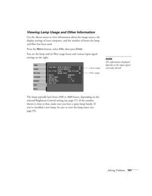 Page 101Solving Problems101
Viewing Lamp Usage and Other Information
Use the About menu to view information about the image source, the 
display settings of your computer, and the number of hours the lamp 
and filter has been used. 
Press the 
Menu button, select Info, then press Enter. 
You see the lamp and air filter usage hours and various input signal 
settings on the right:
The lamp typically lasts from 2500 to 3000 hours, depending on the 
selected Brightness Control setting (see page 57). If the number...