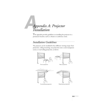 Page 111A
111
A
Appendix A: Projector 
Installation
This appendix provides guidelines on installing the projector in a 
permanent location, such as a theater or conference room.
Installation Guidelines
The projector can be installed for four different viewing setups: front 
projection, ceiling mounting, rear projection onto a semi-transparent 
screen, or rear/ceiling projection, as shown: 
Front projection Rear projection
Rear/ceiling projection
Front/ceiling projection 