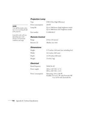 Page 116116Appendix B: Technical Specifications
Projection Lamp
Type UHE (Ultra High Efficiency)
Power consumption 230 W
Lamp life Up to 2500 hours (high brightness mode)
Up to 3000 hours (low brightness mode)
Part number V13H010L37
Remote Control
Range 33 feet (10 meters)
Batteries (2) Alkaline size AAA 
Dimensions
Height 5.75 inches (146 mm) [not including feet]
Width 18.3 inches (465 mm)
Depth 13.39 inches (340 mm)
Weight 15.4 lb (7 kg)
Electrical
Rated frequency 50/60 Hz AC
Power supply 100 to 120 VAC, 3.7...