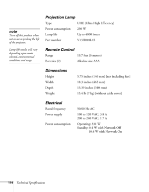 Page 114114Technical Specifications
Projection Lamp
Type UHE (Ultra High Efficiency)
Power consumption 230 W
Lamp life Up to 4000 hours
Part number V13H010L45
Remote Control
Range 19.7 feet (6 meters)
Batteries (2) Alkaline size AAA 
Dimensions
Height 5.75 inches (146 mm) [not including feet]
Width 18.3 inches (465 mm)
Depth 13.39 inches (340 mm)
Weight 15.4 lb (7 kg) [without cable cover]
Electrical
Rated frequency 50/60 Hz AC
Power supply 100 to 120 VAC, 3.8 A
200 to 240 VAC, 1.7 A
Power consumption Operating:...