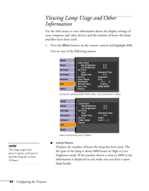 Page 6464Configuring the Projector
Viewing Lamp Usage and Other 
Information
Use the Info menu to view information about the display settings of 
your computer and video devices and the number of hours the lamp 
and filter have been used.
1. Press the 
Menu button on the remote control and highlight Info.
You see one of the following menus:
■Lamp Hours
Displays the number of hours the lamp has been used. The 
life span of the lamp is about 4000 hours in High or Low 
brightness mode. If the number shown is close...