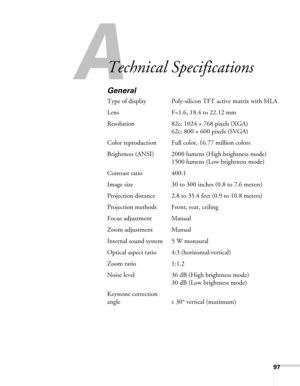 Page 97
97
A
Technical Specifications
General
Type of display Poly-silicon TFT active matrix with MLA
Lens F=1.6, 18.4 to 22.12 mm
Resolution 82c: 1024 × 768 pixels (XGA)62c: 800 × 600 pixels (SVGA)
Color reproduction Full color, 16.77 million colors
Brightness (ANSI) 2000 lume ns (High brightness mode)
1500 lumens (Low brightness mode)
Contrast ratio 400:1
Image size 30 to 300 inches (0.8 to 7.6 meters)
Projection distance 2.8 to 35.4  feet (0.9 to 10.8 meters)
Projection methods F ront, rear, ceiling
Focus...