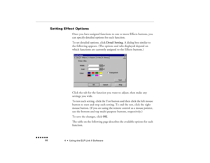 Page 834  •  
Using the ELP Link II Software
 n  n  n  n  n  n             68
Setting Effect Options
Once you have assigned functions to one or more Effects buttons, you can specify detailed options for each function.To set detailed options, click 
Detail Setting
. A dialog box similar to 
the following appears. (The options and tabs displayed depend on which functions are currently assigned to the Effects buttons.) Click the tab for the function you want to adjust, then make any settings you wish.To test each...