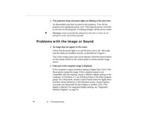 Page 1086  •   T roub lesho oting
w  T he p ro je ction  lamp and p ow er l ig h ts a re  f la sh ing a t t h e s am e t im e.
pro -c h6.fm   P age 9 0  Friday,  November 7, 199 7  5:25 PM 