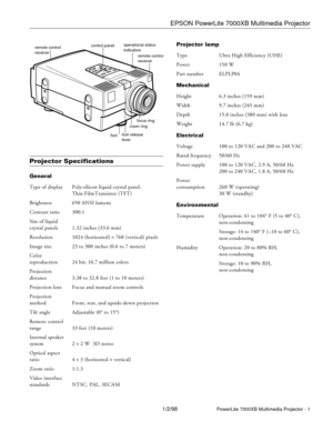 Page 1EPSON PowerLite 7000XB Multimedia Projector
1/2/98PowerLite 7000XB Multimedia Projector - 1
Projector Specifications 
General
Type of display Poly-silicon liquid crystal panel, 
Thin FilmTransistor (TFT)
Brightness 650 ANSI lumens
Contrast ratio 300:1
Size of liquid 
crystal panels 1.32 inches (33.6 mm)
Resolution 1024 (horizontal) 
´ 768 (vertical) pixels
Image size 23 to 300 inches (0.6 to 7 meters)
Color 
reproduction 24 bit; 16.7 million colors
Projection 
distance 3.38 to 32.8 feet (1 to 10 meters)...