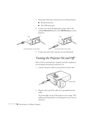 Page 1414Connecting to a Desktop Computer1. Determine which type of mouse port your Macintosh has:
nRound mouse port
nFlat USB mouse port
2. Connect one end of the appropriate mouse cable to the 
standard
 Mouse/Com port or the USB Mouse port on the 
projector.
3. Connect the other end to the port on your Macintosh.
Turning the Projector On and Off
After you have connected your computer and other equipment, 
you can plug in the projector and turn it on. 
1. Connect the power cable to your projector’s power...