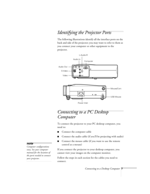 Page 7Connecting to a Desktop Computer7
Identifying the Projector Ports
The following illustrations identify all the interface ports on the 
back and side of the projector; you may want to refer to them as 
you connect your computer or other equipment to the 
projector.
Connecting to a PC Desktop 
Computer
 
To connect the projector to your PC desktop computer, you 
need to:
nConnect the computer cable
nConnect the audio cable (if you’ll be projecting with audio)
nConnect the mouse cable (if you want to use...