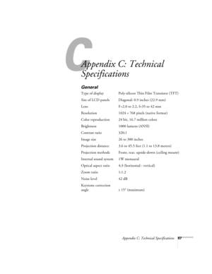 Page 93C
Appendix C: Technical Specifications87
Appendix C: Technical 
Specifications 
General
Type of display Poly-silicon Thin Film Transistor (TFT)
Size of LCD panels  Diagonal: 0.9 inches (22.9 mm) 
Lens F=2.0 to 2.2, f=35 to 42 mm
Resolution 1024 
× 768 pixels (native format)
Color reproduction 24 bit, 16.7 million colors
Brightness 1000 lumens (ANSI)
Contrast ratio 320:1
Image size 26 to 300 inches 
Projection distance 3.6 to 45.5 feet (1.1 to 13.8 meters)
Projection methods Front, rear, upside-down...