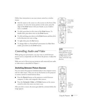 Page 38Using the Projector33
Follow these instructions to use your remote control as a wireless 
mouse:
Aim the remote at the screen or at the receiver on the front of the 
projector. To move the mouse pointer on the screen, press the 
edges of the 
Enter button with your thumb, as you would to 
move a trackball.
To click, press down on the center of the Enter button. To 
double-click, press down twice on the 
Enter button.
To click and drag, press down on the Enter button and then tilt it 
in the direction...