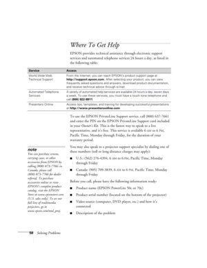Page 6358Solving Problems
Where To Get Help
EPSON provides technical assistance through electronic support 
services and automated telephone services 24 hours a day, as listed in 
the following table:
To use the EPSON PrivateLine Support service, call (800) 637-7661 
and enter the PIN on the EPSON PrivateLine Support card included 
in your Owner’s Kit. This is the fastest way to speak to a live 
representative, and it’s free. This service is available 6
AM to 6PM, 
Pacific Time, Monday through Friday, for the...