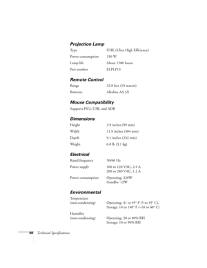 Page 6560Technical Specifications
Projection Lamp
Ty p e U H E  ( U l t r a  H i g h  E f f i c i e n c y )
Power consumption 150 W
Lamp life About 1500 hours 
Part number ELPLP13
Remote Control
Range 32.8 feet (10 meters)
Batteries Alkaline AA (2)
Mouse Compatibility
Supports PS/2, USB, and ADB
Dimensions
Height 3.9 inches (99 mm)
Width 11.9 inches (304 mm)
Depth 9.1 inches (232 mm)
Weight 6.8 lb (3.1 kg)
Electrical
Rated frequency 50/60 Hz
Power supply 100 to 120 VAC, 2.4 A
200 to 240 VAC, 1.2 A
Power...