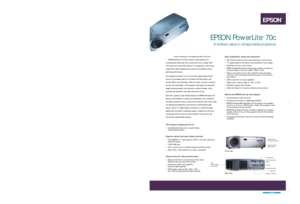 Page 1SMhigh
performance,
low profileProjection SystemEPSON original LCD prism technologyProjection MethodFront/rear/ceiling mountLCD
Size0.7 inches
Driving MethodEPSON Poly-Silicon TFT Active Matrix
Pixel Number786,432 dots (1024 x 768) x 3
Native ResolutionXGA
Aspect Ratio4:3 (supports 16:9, 5:4)
Pixel ArrangementStripeProjection Lens
TypeManual focus
F-number1.5
f-number26.3mm
Zoom ratioDigital (1.0-1.2); lens at max size, 
zoom reduces up to 83%Lamp
Type150W UHE
Life (typical)1500H 
(Approx. 5 years, based...