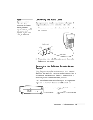 Page 13Connecting to a Desktop Computer13
Connecting the Audio Cable
If your presentation includes sound effects or other types of 
computer audio, you need to connect the audio cable.
1. Connect one end of the audio cable to the 
Audio In jack on 
the projector.
 
2. Connect the other end of the audio cable to the speaker 
jack on your Macintosh. 
Connecting the Cable for Remote Mouse 
Control
Using the remote control as a wireless mouse gives you more 
flexibility. You can deliver your presentation from...