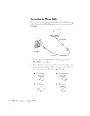 Page 3934Presenting from a Laptop or VCR
Connecting the Mouse Cable
If you want to use the remote control in place of your laptop’s mouse, 
follow the steps below. This illustration shows the connections you’ll 
be making:
1. Connect the round end of the main cable to the projector’s 
Mouse/Com port, as shown. 
2. To use the remote control as a wireless mouse, choose the correct 
mouse cable for your laptop. (Note that some of the cables look 
very similar, but are labeled with a tag as shown.) 
PS/2 mousePC...