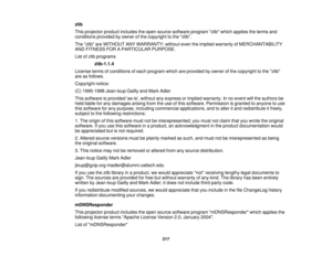 Page 217

zlib

This
projector productincludes theopen source software programzlibwhich applies theterms and
 conditions
providedbyowner ofthe copyright tothe zlib.
 The
zlib areWITHOUT ANYWARRANTY; withouteventheimplied warranty ofMERCHANTABILITY
 AND
FITNESS FORAPARTICULAR PURPOSE.
 List
ofzlib programs
 　
　　　 zlib-1.1.4
 License
termsofconditions ofeach program whichareprovided byowner ofthe copyright tothe zlib
 are
asfollows.
 Copyright
notice:
 (C)
1995-1998 Jean-loupGaillyandMark Adler
 This
software...