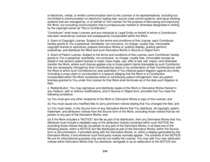 Page 219

of
electronic, verbal,orwritten communication senttothe Licensor orits representatives, includingbut
 not
limited tocommunication onelectronic mailinglists,source codecontrol systems, andissue tracking
 systems
thataremanaged by,oron behalf of,the Licensor forthe purpose ofdiscussing andimproving
 the
Work, butexcluding communication thatisconspicuously markedorotherwise designated inwriting
 by
the copyright ownerasNot aContribution.
 Contributor
shallmean Licensor andanyindividual orLegal Entity...