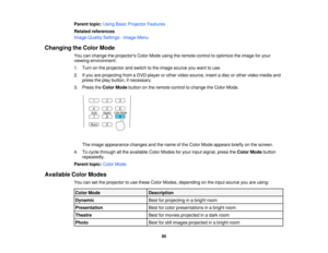 Page 85

Parent
topic:UsingBasicProjector Features
 Related
references
 Image
Quality Settings -Image Menu
 Changing
theColor Mode
 You
canchange theprojectors ColorMode usingtheremote controltooptimize theimage foryour
 viewing
environment.
 1.
Turn onthe projector andswitch tothe image source youwant touse.
 2.
Ifyou areprojecting fromaDVD player orother video source, insertadisc orother video media and
 press
theplay button, ifnecessary.
 3.
Press theColor Mode button onthe remote controltochange theColor...