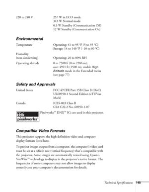 Page 145Technical Specifications145
220 to 240 V  257 W in ECO mode
343 W Normal mode 
0.3 W Standby (Communication Off)
12 W Standby (Communication On)
Environmental
Temperature Operating: 41 to 95 °F (5 to 35 °C)
Storage: 14 to 140 °F (–10 to 60 °C)
Humidity
(non-condensing) Operating: 20 to 80% RH
Operating altitude 0 to 7500 ft (0 to 2286 m); 
over 4921 ft (1500 m), enable 
High 
Altitude
 mode in the Extended menu 
(see page 77)
Safety and Approvals
United States FCC 47CFR Part 15B Class B (DoC)
UL60950-1...