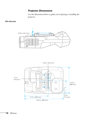 Page 1818Welcome
Projector Dimensions
Use the dimensions below to guide you in placing or installing the 
projector.
 
 0.22 in. (5.5 mm)
 14.5 in. 
(369 mm)
 11.5 in. (292 mm)
19.0 in. (483 mm)  6.7 in. 
(170 mm)
 7.0 in. 
(177 mm) With slide plate
 0.33 in. (8.3 mm) 