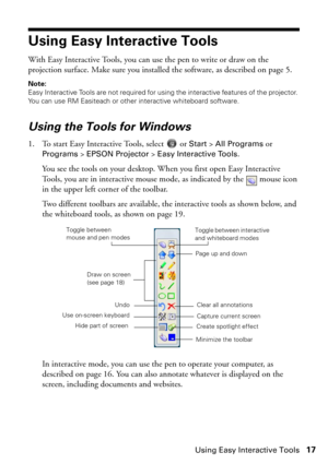 Page 17Using Easy Interactive Tools17
Using Easy Interactive Tools
With Easy Interactive Tools, you can use the pen to write or draw on the 
projection surface. Make sure you installed the software, as described on page 5.
Note: 
Easy Interactive Tools are not required for using the interactive features of the projector. 
You can use RM Easiteach or other interactive whiteboard software.
Using the Tools for Windows
1. To start Easy Interactive Tools, select  or Start > All Programs or 
Programs > EPSON...
