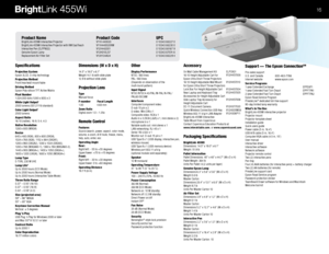 Page 1816
Support — The Epson ConnectionSM
Pre-sales support
U.S. and Canada   800-463-7766
Internet website   www.epson.com
Service Pro\frams
1-year Extended Exchange                       EPPEXP1
1-year Extended Fast Turn \fepot                      EPPFTPA1         
2-year Extended Fast Turn \fepot                      EPPFTPA2         
Epson Road Service Program 
PrivateLine
® dedicated toll-free support 
90-day limited lamp warranty
What\bs In The Box
BrightLink 455Wi interactive projector 
Projector...