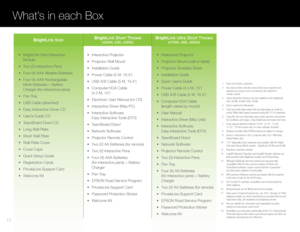 Page 18What’s in each Box
 1  Does not include a projector
  2  Any source that is directly connected to your projector and 
appears as a source to be accessed by the projector’s 
remote control.
  3  These interactive features are not available on the BrightLink 
450, 455Wi, 425Wi, 430i, 435Wi
  4  Driver required for Macintosh
  5  Color and white light output will vary depending on mode se-
lected. White light output measured using ISO 21118 standard. 
  6  Lamp life will vary depending upon mode selected,...