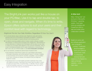 Page 10Easy Integration
1. For schools already using a software suite, BrightLink works with existing 
teaching tools such as Promethean ActivInspire and SMART™ Notebook.13 
Schools are encouraged to request software-only licensing options.
2. For districts reviewing available options in lesson creation software, consider  RM EasiTeach. For $100 (when purchased with a BrightLink),
14 RM EasiTeach is 
a robust alternative to Notebook and ActivInspire with the option for pre-made 
or create-your-own lesson plans...