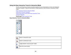 Page 125
UsingtheEasyInteractiveToolsforInteractiveMode
Youcanusethepenasamouseandaddannotationstoyourpresentationsorotherworkdisplayed
fromyourcomputer.Followtheinstructionsinthesesectionstousethetoolsforinteractivemouse
mode.
EasyInteractiveToolsforInteractiveMode
UsingtheOn-ScreenKeyboard
UsingaDocumentCameraWithEasyInteractiveTools
UsingtheMagnifier
Parenttopic:EasyInteractiveTools
EasyInteractiveToolsforInteractiveMode
Switchtointeractivemode
Switchtowhiteboardmode
Togglebetweenmouseandpenmodes...