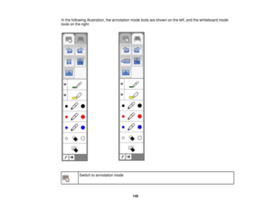 Page 145
Inthefollowingillustration,theannotationmodetoolsareshownontheleft,andthewhiteboardmode
toolsontheright:
Switchtoannotationmode
145 