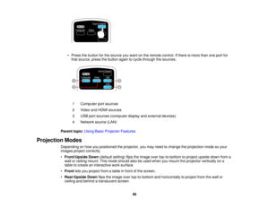 Page 88

•
Press thebutton forthe source youwant onthe remote control. Ifthere ismore thanoneport for
 that
source, pressthebutton againtocycle through thesources.
 1
 Computer
portsources
 2
 Video
andHDMI sources
 3
 USB
portsources (computer displayandexternal devices)
 4
 Network
source(LAN)
 Parent
topic:UsingBasicProjector Features
 Projection
Modes
 Depending
onhow youpositioned theprojector, youmay need tochange theprojection modesoyour
 images
projectcorrectly.
 •
Front/Upside Down(default...
