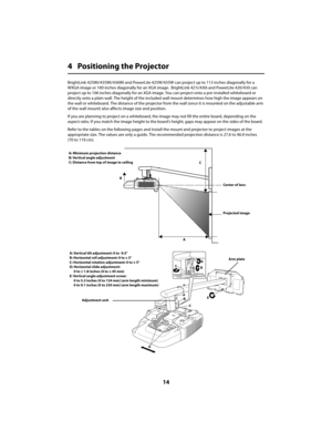 Page 1414
4 Positioning the Projector
BrightLink 425Wi/435Wi/436Wi and PowerLite 425W/435W can project up to 113 inches diagonally for a 
WXGA image or 100 inches diagonally for an XGA image.  BrightLink 421i/430i and PowerLite 420/430 can 
project up to 106 inches diagonally for an XGA image. You can project onto a pre-installed whiteboard or 
directly onto a plain wall. The height of the included wall mount determines how high the image appears on 
the wall or whiteboard. The distance of the projector from...