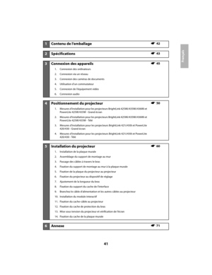 Page 4141
Français
1Contenu de l’emballages42
2Spécificationss43
3Connexion des appareils
1. Connexion des ordinateurs
2. Connexion via un réseau
3. Connexion des caméras de documents
4. Utilisation d’un commutateur
5. Connexion de l’équipement vidéo
6. Connexion audio
s45
4Positionnement du projecteur
1. Mesures d’installation pour les projecteurs BrightLink 425Wi/435Wi/436Wi et 
PowerLite 425W/435W - Grand écran
2. Mesures d’installation pour les projecteurs BrightLink 425Wi/435Wi/436Wi et 
PowerLite...